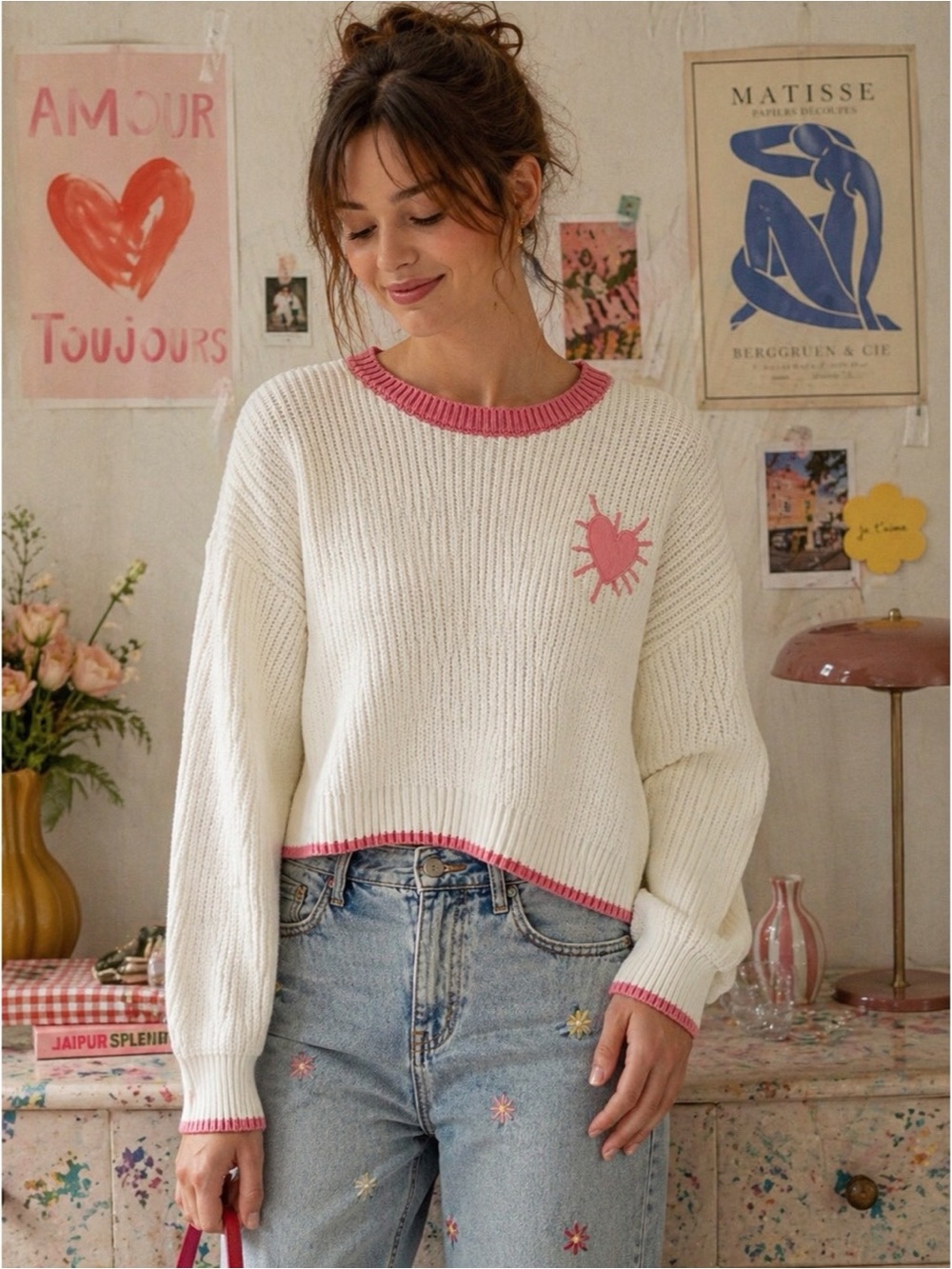 Kerri Rosenthal Ribbed White & Pink Lovecore Heart Crew Neck Sweater Size Large